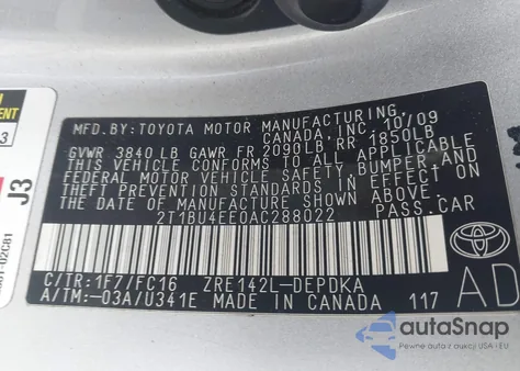 2010 Toyota Corolla Le z USA, uszkodzony, nr VIN 2T1BU4EE0AC288022